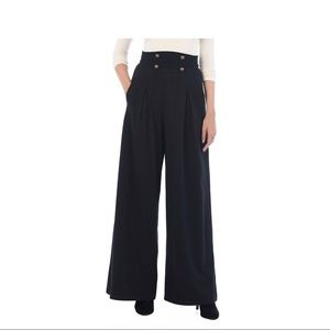 Wide Leg High Waist Pants with Zip Back, Faux Button Details by Eshakti/Zapelle